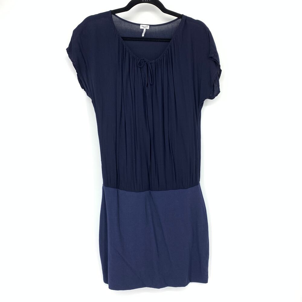 Splendid Drop Waist Short Sleeve Dress Womens Size Medium Navy Blue Tie Neck